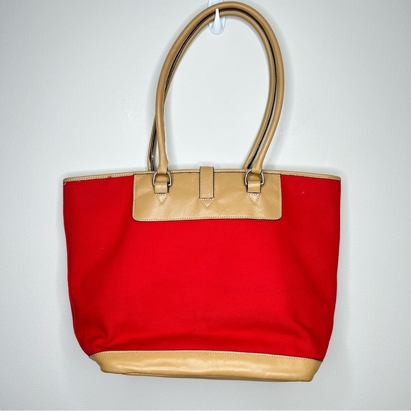 Covington Leather and  Canvas Red Tote with Buckle - Picture 10 of 10